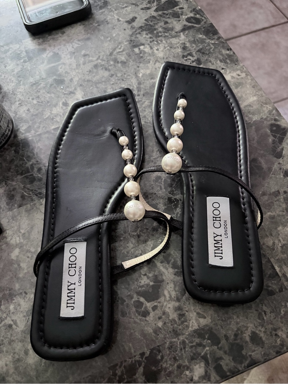 Jimmy Choo Black Pearl-Embellished Square-Toe Flat Sandals